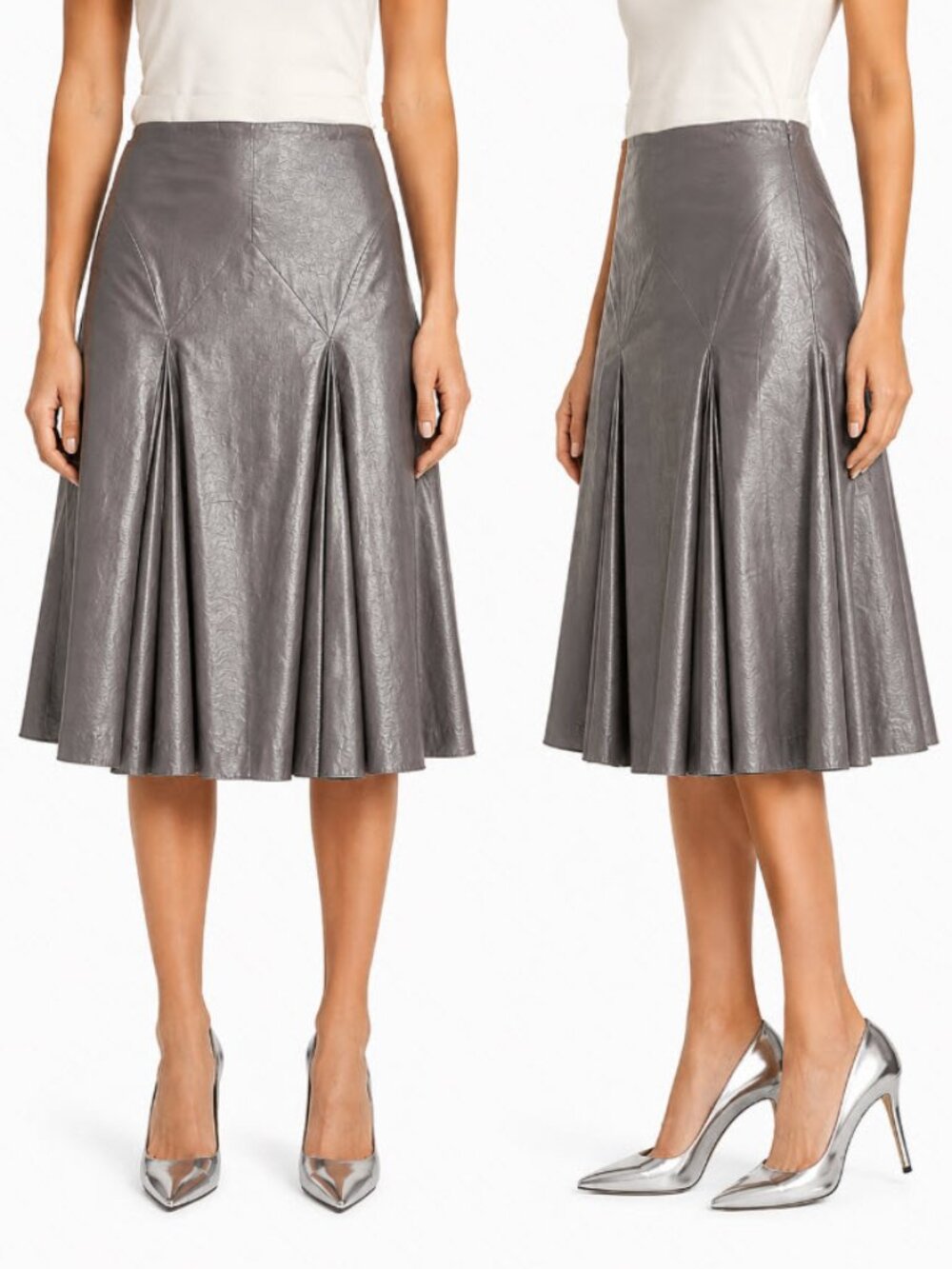 Club Monaco Metallic Grey Pleated Midi Skirt Size 10 Elegant Fit & Flare
